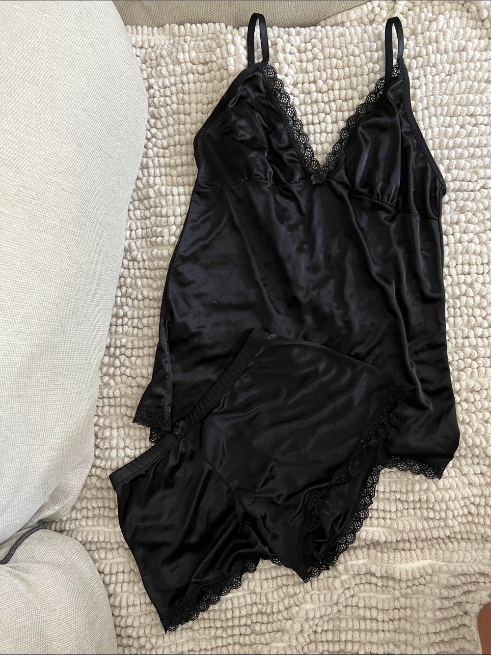 Source Unknown Black Satin Lace Trim Cami & Shorts Set